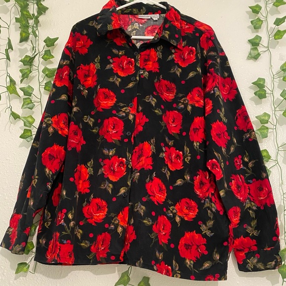 Newport News Easy Style Black red rose blouse bottom Shirt Size 18 - Picture 5 of 12